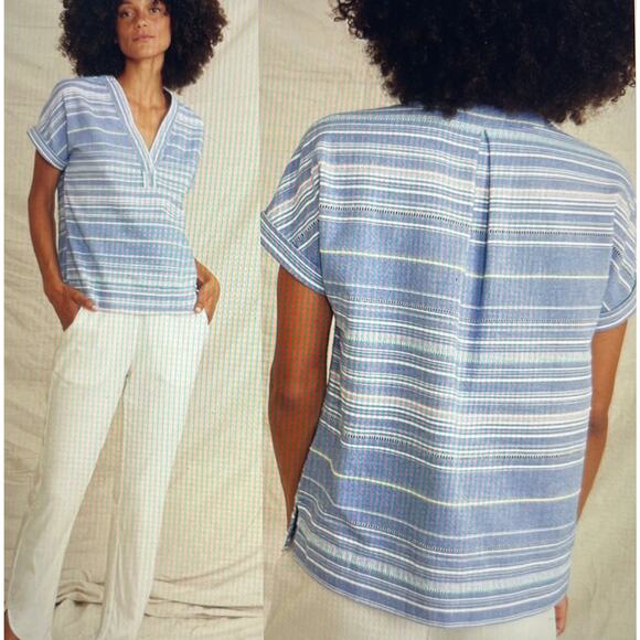 MARINE LAYER $88 Bali Tunic Top Blue Multi Stripe Cotton Short Sleeve Size Small - Picture 1 of 8